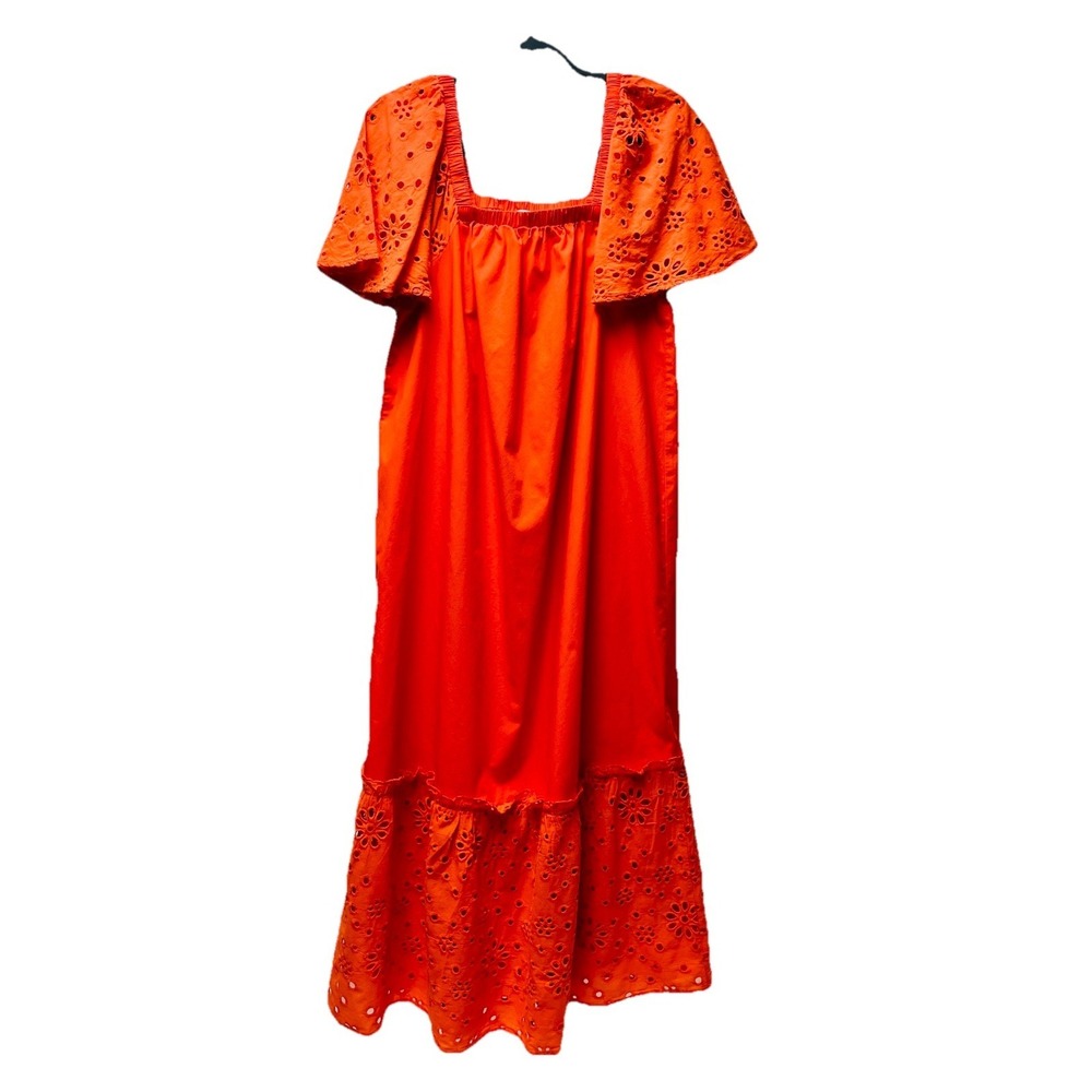 Mud Pie M Orange Conny Eyelet Maxi Dress Boho Summer Travel Resort Tropical 90s